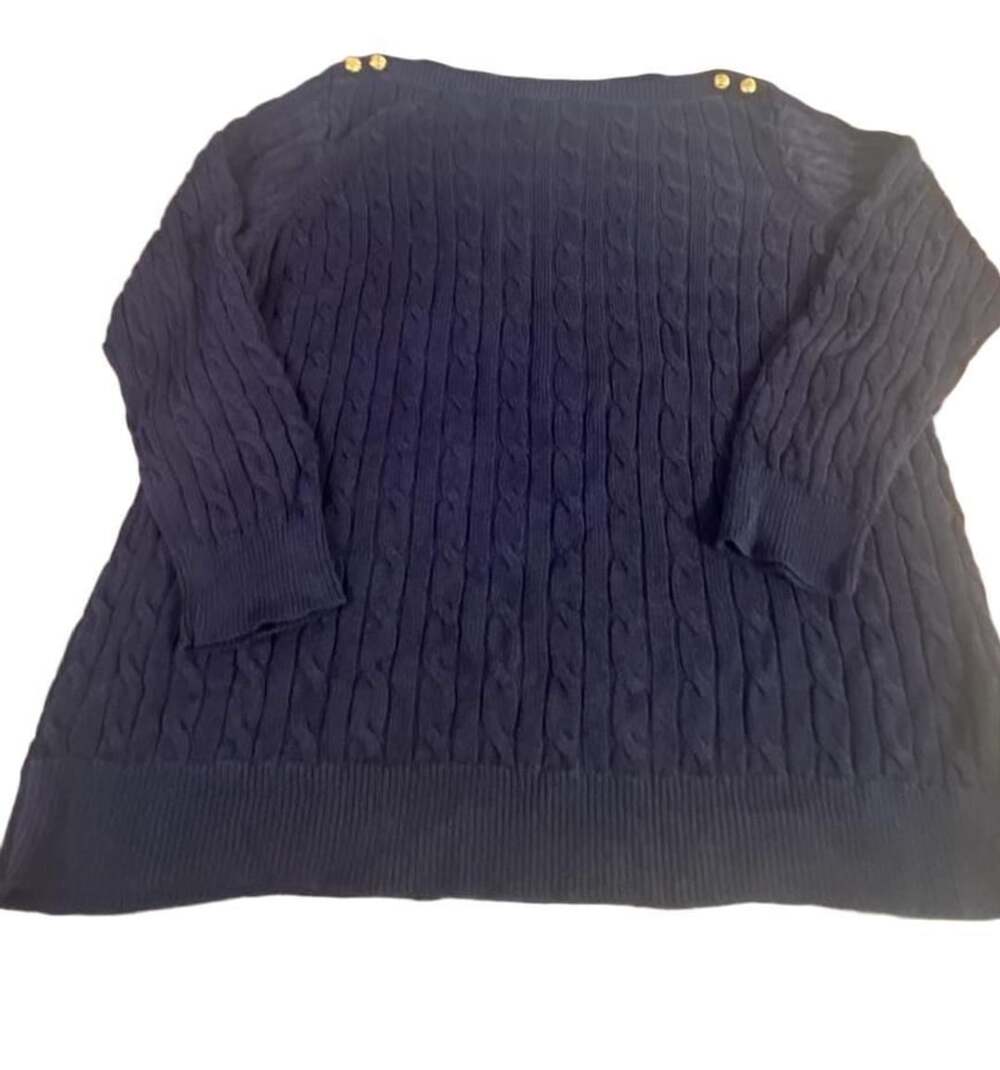 Lauren Ralph Lauren Cable Knit Sweater Size 1X Navy Blue Gold Buttons